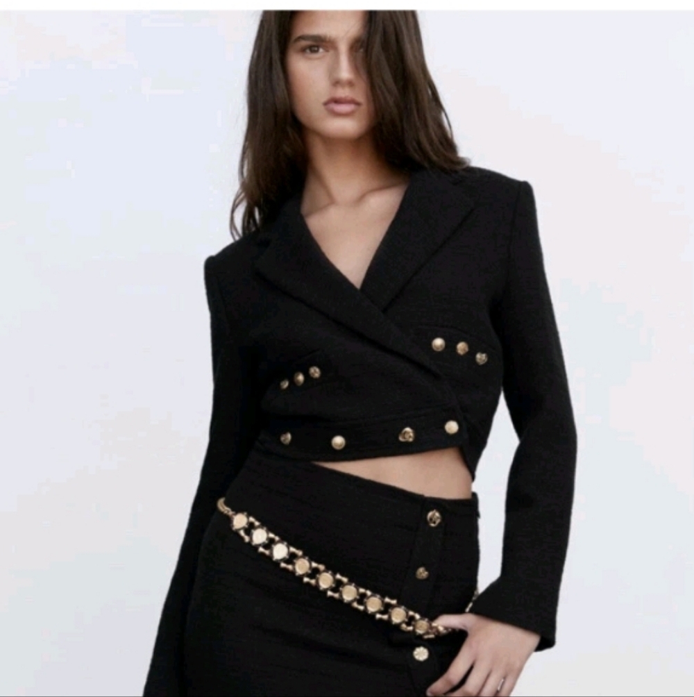 ZARA CROPPED BUTTONED Textured BLAZER JACKET BLACK Sz L